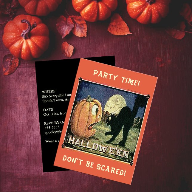 Invitación Tiempo de Fiesta del gato negro de la calabaza de  (Vintage Halloween Pumpkin Black Cat Party Time Invitation)