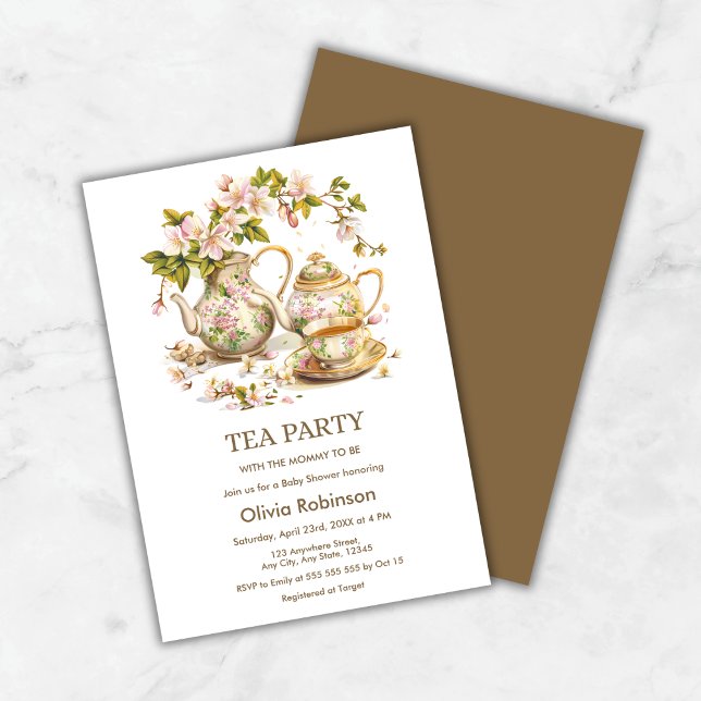 Invitación Tiempo de Fiesta del té de la tetera floral para e (Floral Teapot Tea Party Time for Tea Baby Shower Invitation )