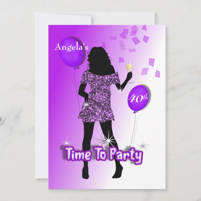 Invitación Tiempo de fiesta personalizado Glitzy Girly Morado (Anverso)