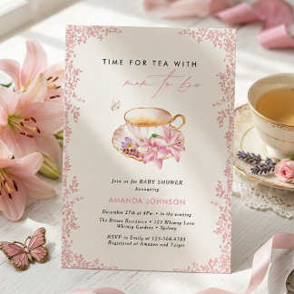 Invitación Tiempo de té rosa pastel para la fiesta de revelac