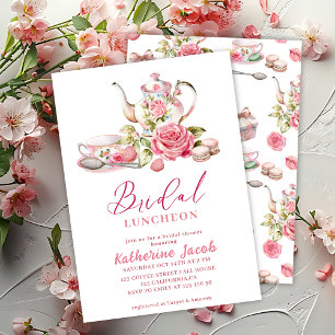 Invitación Tiempo de té vintage floral rosa Ducha de novia