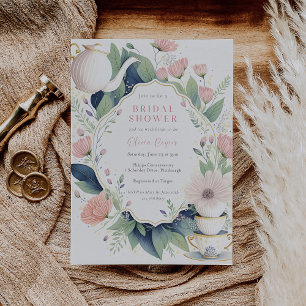 Invitación Tiempo de una ducha mareal rosa con flores de té