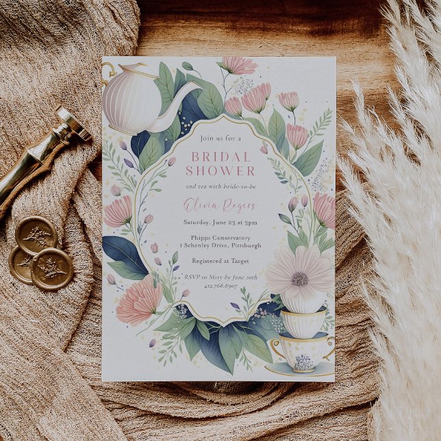 Invitación Tiempo de una ducha mareal rosa con flores de té (Subido por el creador)