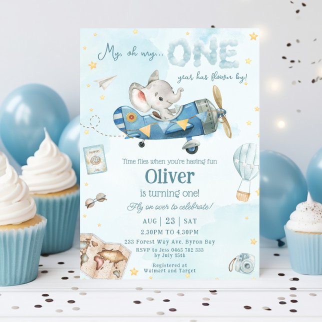 Invitación Tiempo de vuelo del elefante lindo Un primer cumpl (cute elephant riding blue airplane adventure time flies 1st first birthday invitation turning one)