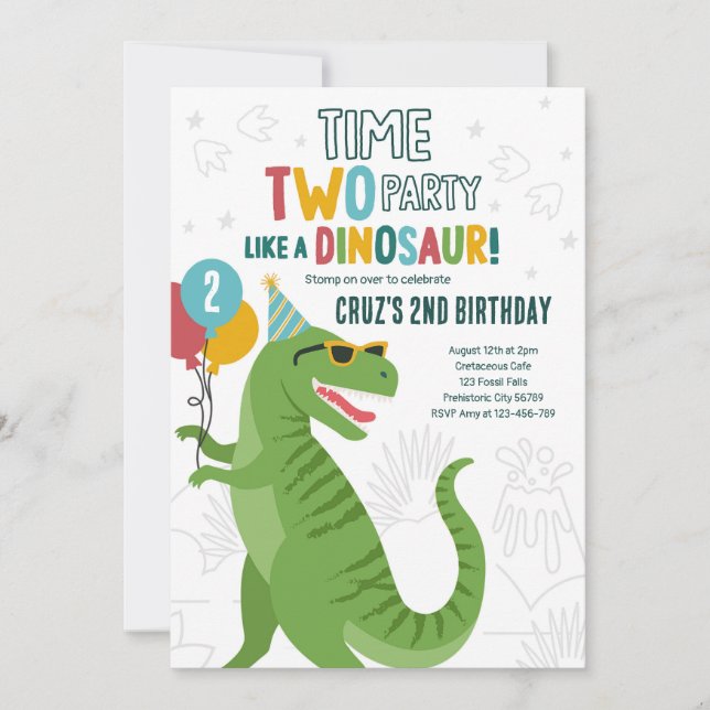 Invitación Tiempo Dos Fiestas Dinosaurio T-Rex Segundo Fiesta (Anverso)
