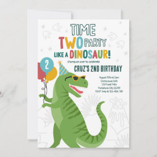 Invitación Tiempo Dos Fiestas Dinosaurio T-Rex Segundo Fiesta