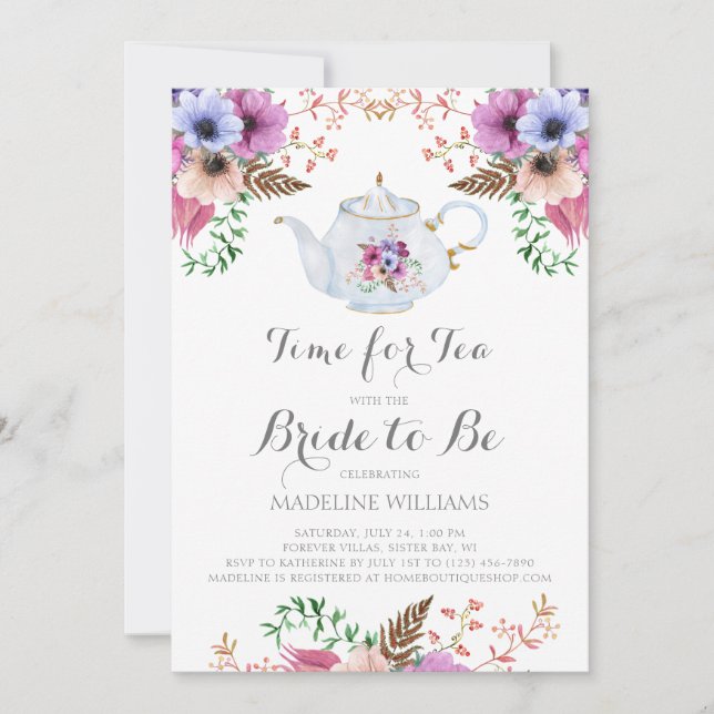 Invitación Tiempo Floral Para La Ducha De Tea Bridal (Anverso)