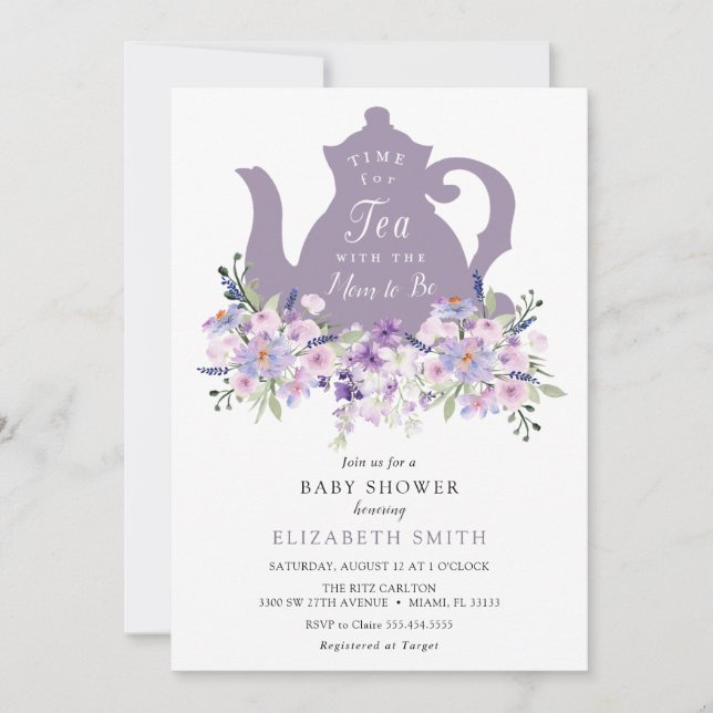 Invitación Tiempo para el Baby Shower de Tea Purple Lavender (Anverso)