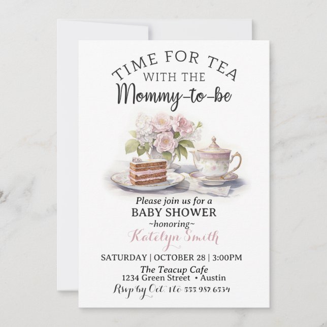 Invitación Tiempo Para El Té Baby Shower Floral Tea Time (Anverso)