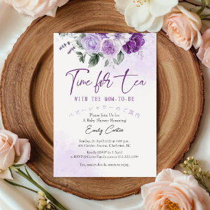 Invitación Tiempo para el té Baby Shower Morple Floral Waterc