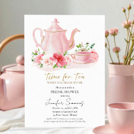 Invitación Tiempo para el té | Ducha nupcial dorada floral