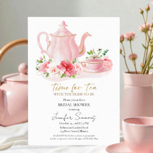 Invitación Tiempo para el té   Ducha nupcial dorada floral