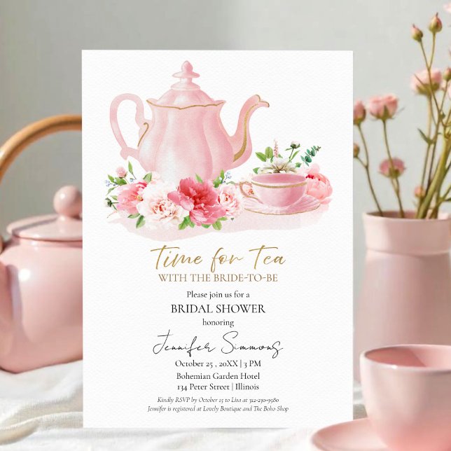 Invitación Tiempo para el té | Ducha nupcial dorada floral (Subido por el creador)