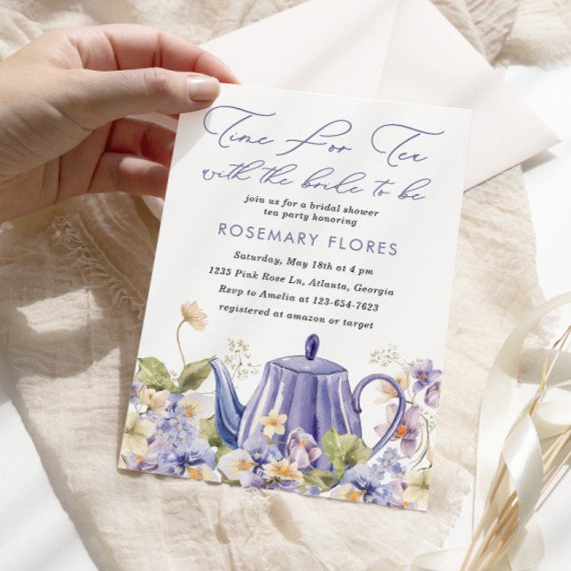 Invitación Tiempo Para El Té Teapot Morple Floral Bridal Show (Subido por el creador)