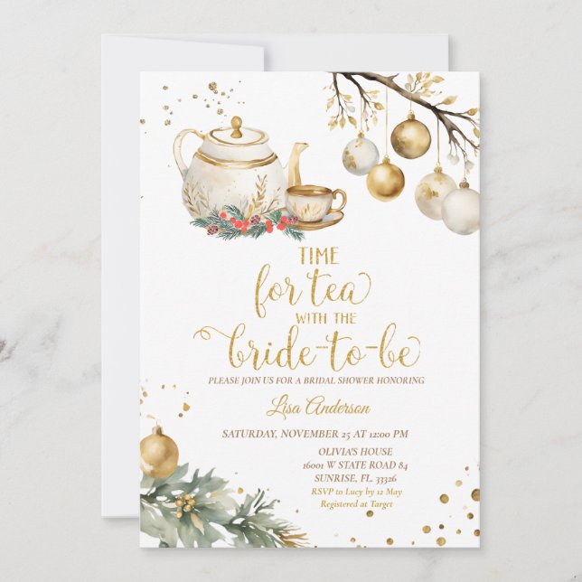 Invitación Tiempo Para El Tea Gold Navidad Ornamento Ducha Br (Anverso)