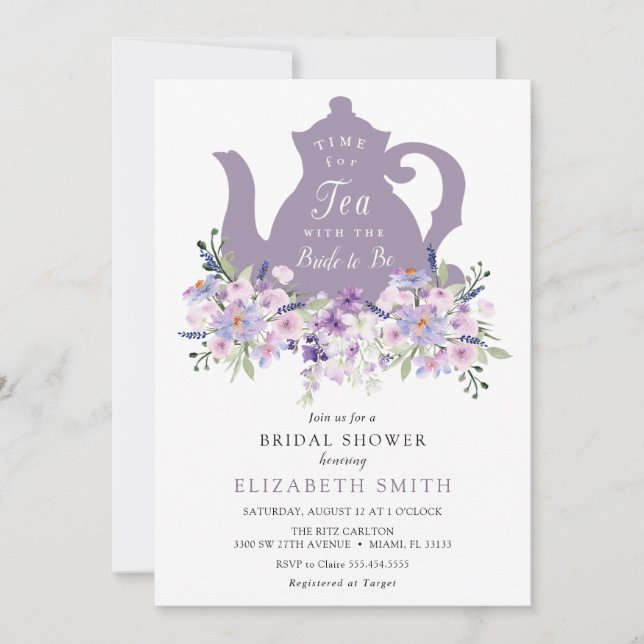 Invitación Tiempo para la ducha de novia del té morado (Anverso)