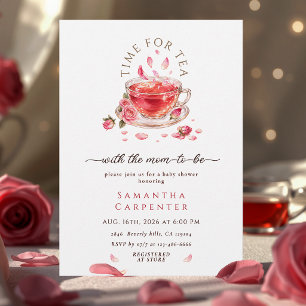 Invitación Tiempo para té vaso taza de té rosas rosadas baby