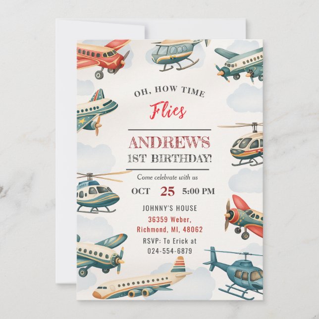Invitación Tiempo personal de niño vuela el primer cumpleaños (Anverso)