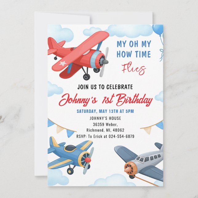 Invitación Tiempo personal vuela el primer cumpleaños para el (Anverso)