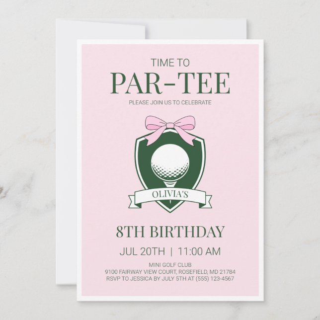 Invitación Tiempo Rosa para Par-Tee Golf Fiesta de Cumpleaños (Anverso)