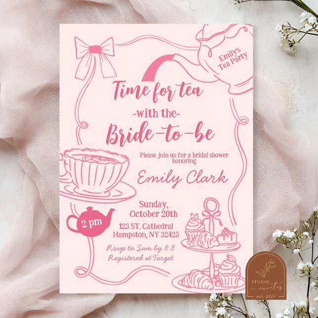 Invitación Tiempo rosado de mano para ducha de novia de té (Subido por el creador)