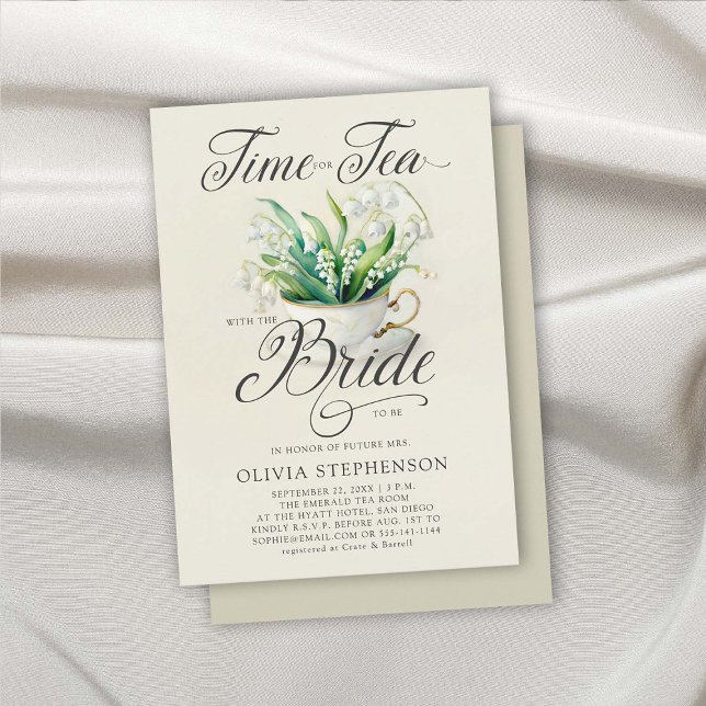 Invitación Tiempos de té Lily del Valle Elegante Moda Ducha d (bridal tea time shower invitation elegant modern classic lily of the valley floral flowers romantic)