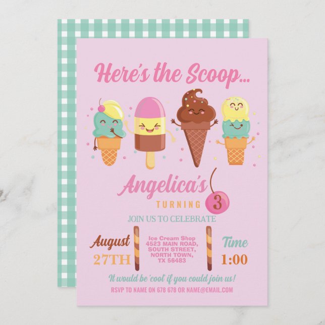 Invitación Tienda de Cucharas de Helado Chicas Lindas Lolly (Anverso / Reverso)