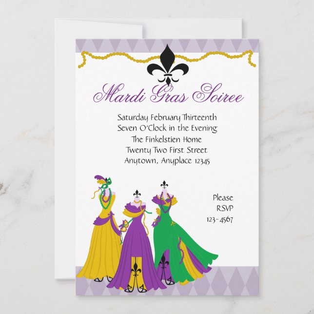 Invitación Tienda de Vestidos Mardi Gras (Anverso)