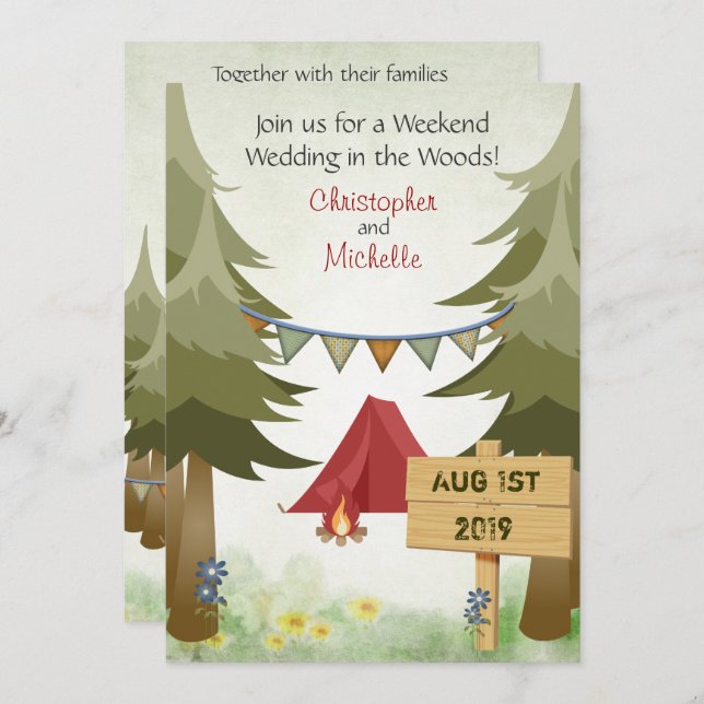 Invitación Tiendas de campaña y Boda de camping Woodland Camp (Anverso / Reverso)