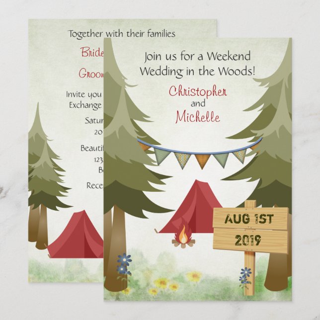 Invitación Tiendas rojas y Boda de campings en Woodland (Anverso / Reverso)