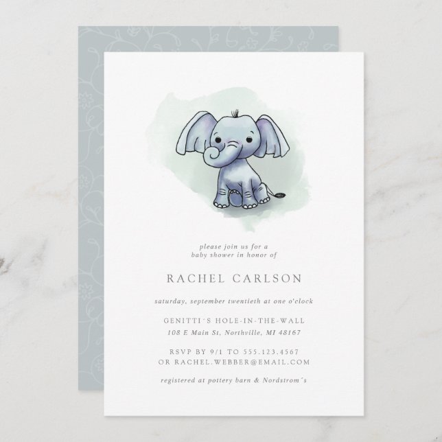 Invitación tierno elefante sentado en la ducha de bebé (Anverso / Reverso)