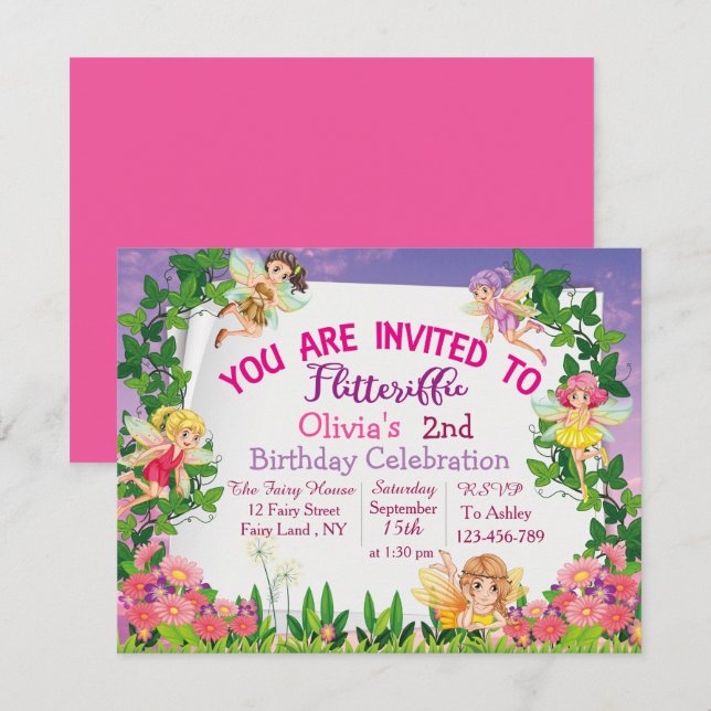 Invitación Tierra de hadas mágicas rosadas 2.º cumpleaños (Anverso / Reverso)
