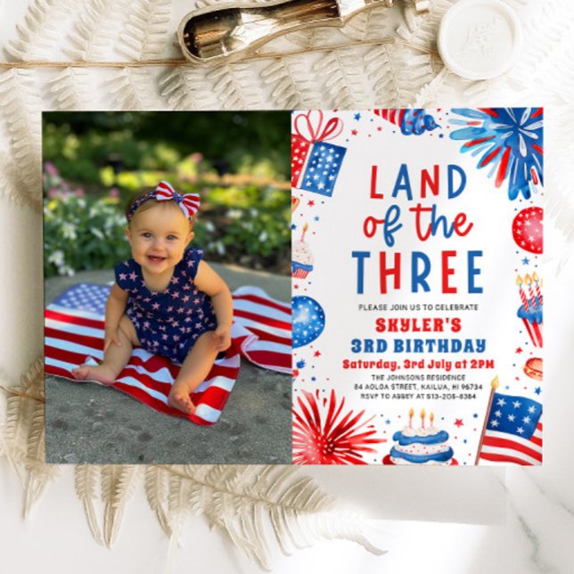Invitación Tierra de los Tres 4 de Julio Patriótico 3 cumplea (Watercolor Fireworks Patriotic 4th of July Land of the Three 3rd Birthday Invitation)
