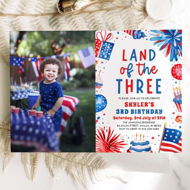 Invitación Tierra de los Tres 4 de Julio Patriótico 3 cumplea (Watercolor Fireworks Patriotic 4th of July Land of the Three 3rd Birthday Invitation)