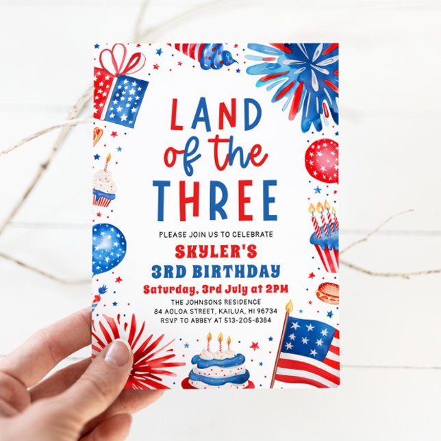 Invitación Tierra de los Tres 4 de Julio Patriótico 3 cumplea (Watercolor Fireworks Patriotic 4th of July Land of the Three 3rd Birthday Invitation)