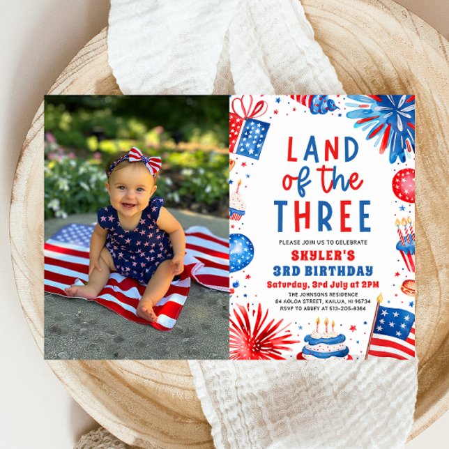 Invitación Tierra de los Tres Cuatro de Julio, 3 de Aniversar (Watercolor Fireworks Patriotic 4th of July Land of the Three 3rd Birthday Invitation)