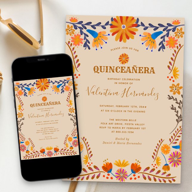 Invitación Tierra floral mexicana Quinceanera Invitati (Western style Quinceanera invitation with folk art flowers from my Mexican Floral collection)