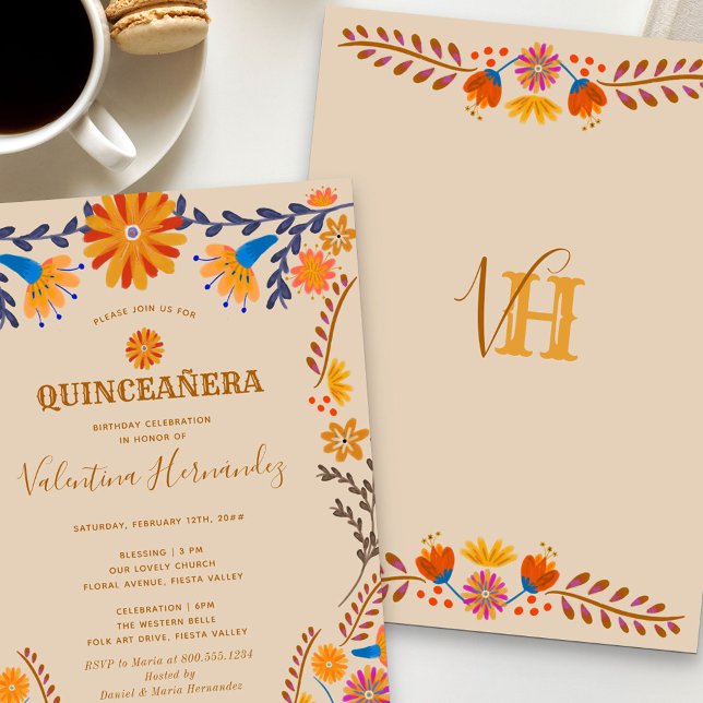 Invitación Tierra floral mexicana Quinceanera occidental y ma (Quince's monogram on the back)