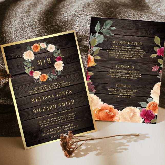 Invitación Tierra floral Wreath All in One Barn Wood Boda (Subido por el creador)
