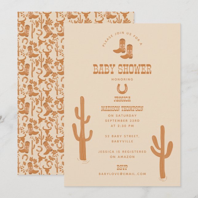 Invitación Tierra Occidental Tone Country Baby Boots Shower (Anverso / Reverso)