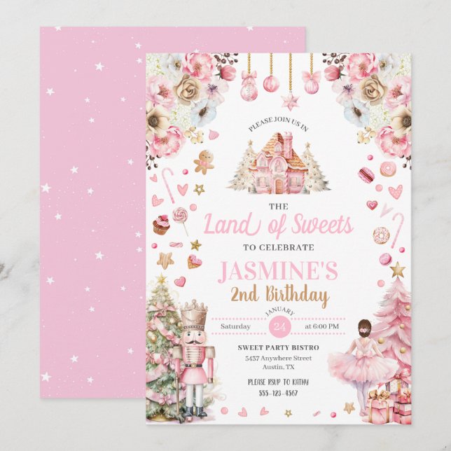 Invitación Tierra rosada de dulces Sugar Pluma Fairy Nutcrack (Anverso / Reverso)