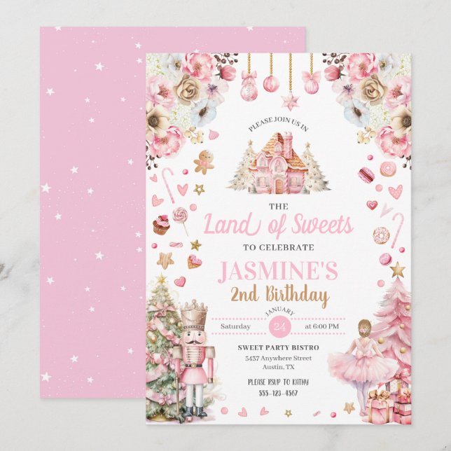 Invitación Tierra rosada de dulces Sugar Pluma Fairy Nutcrack (Anverso / Reverso)