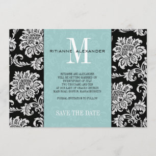 Invitación Tiffany Black Monogram Damask Guardar La Fecha