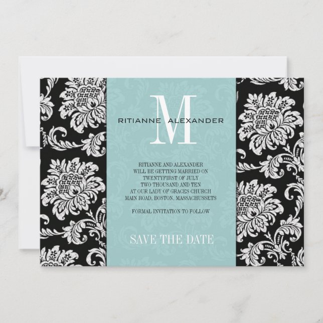Invitación Tiffany Negro Monograma Damask Salvar La Fecha (Anverso)