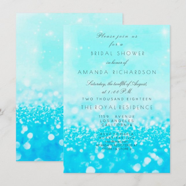 Invitación Tiffany Ocean Blue Aqua Purpurina Bridal Shower (Anverso / Reverso)
