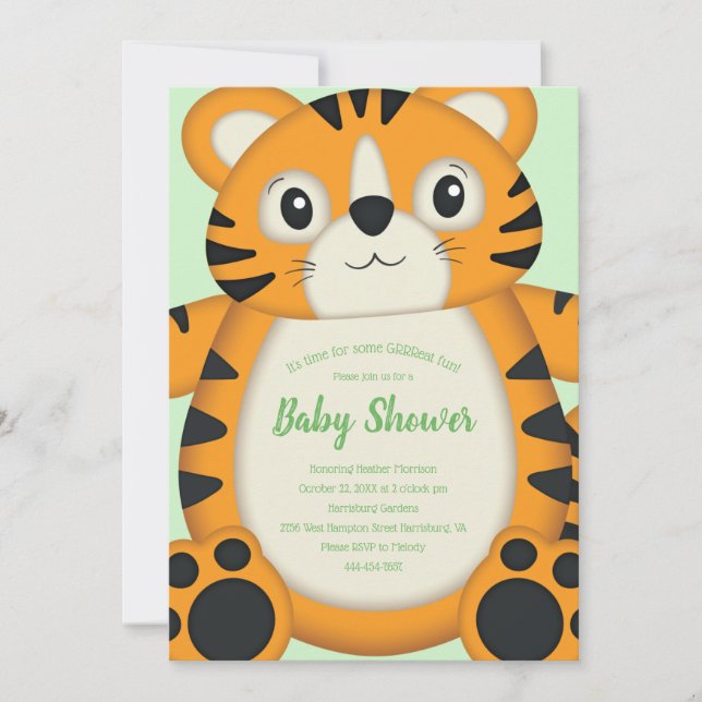 Invitación Tiger Baby Shower Green (Anverso)