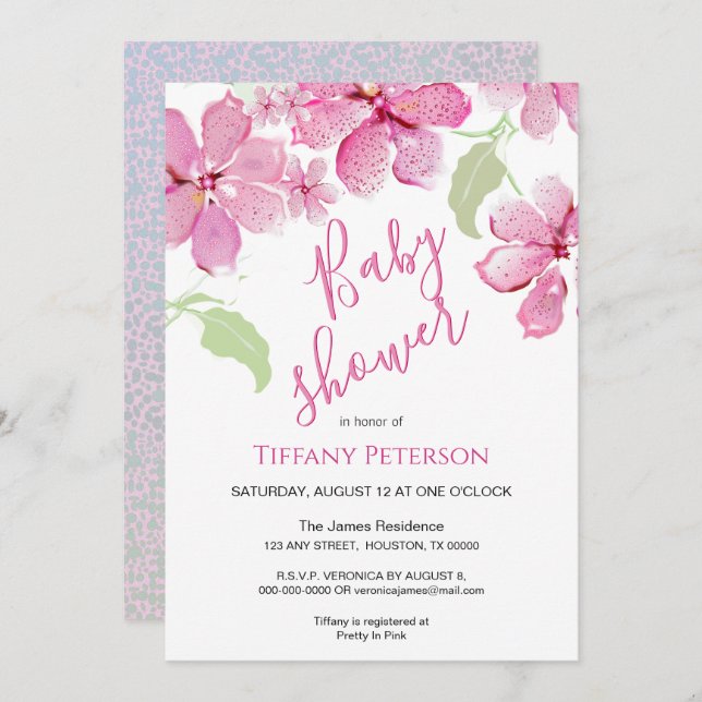 Invitación Tiger Lilly Clematis Pink Floral | BABY SHOWER (Anverso / Reverso)