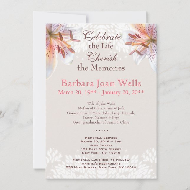 Invitación Tiger Lily Memorial Service Funeral Announcement (Anverso)