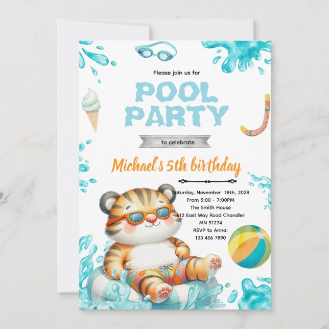 Invitación Tiger Pool Party Birthday Invitation (Anverso)
