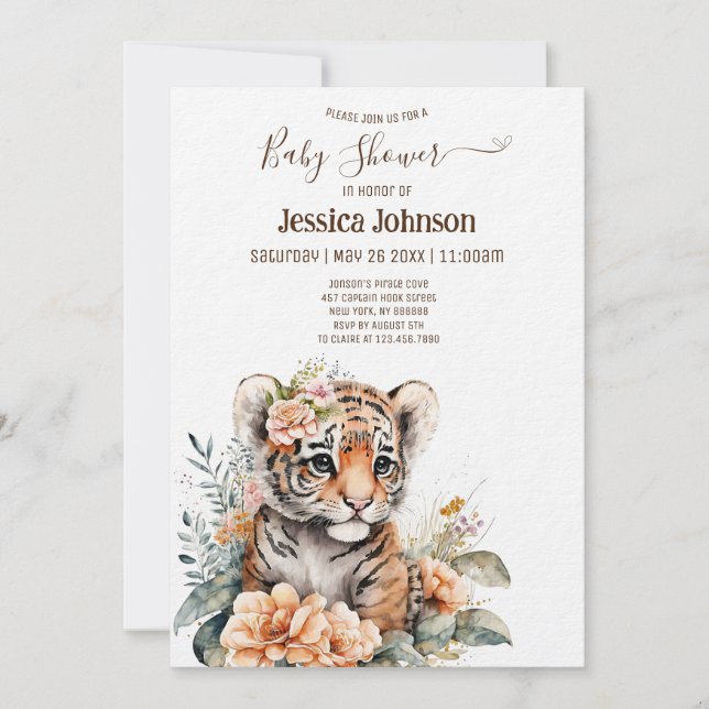 Invitación Tigre acuarela en Baby Shower de flores (Anverso)
